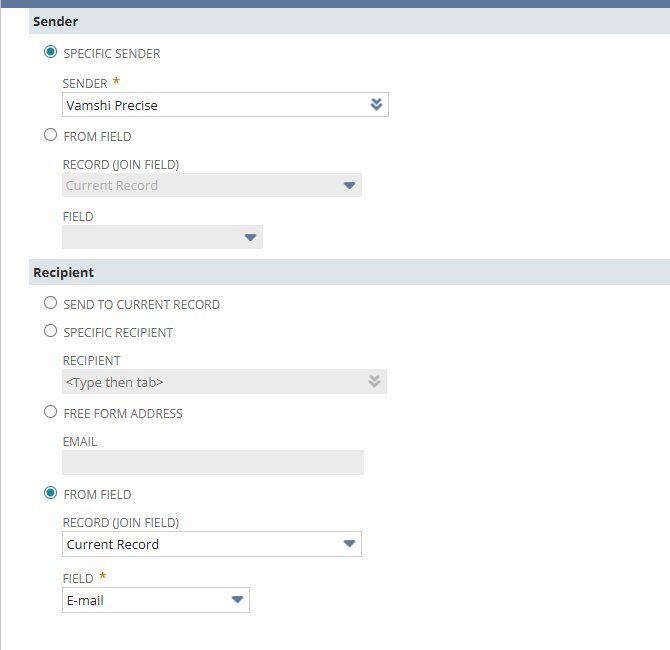 NetSuite Send Email action — Specific Sender set to Vamshi Precise, Recipient From Field set to Current Record E-mail